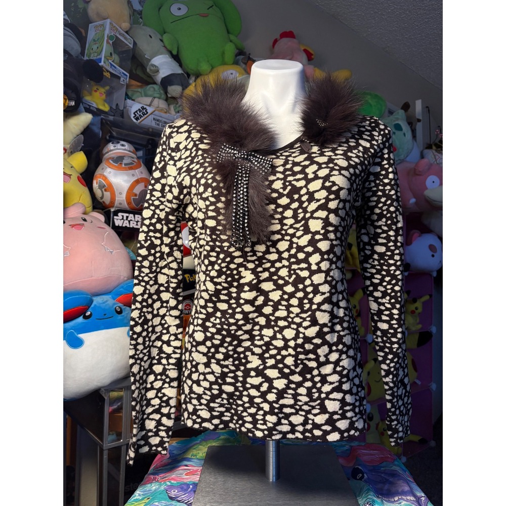 Y2K Radzoli Brown Animal Print Faux Fur Collar Rhinestone Bow Sweater XL #5